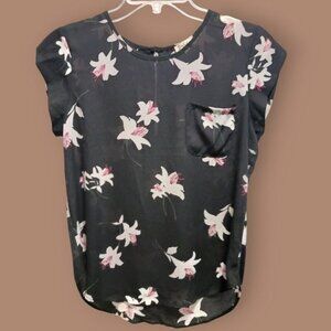 Lily White Womens Floral Blouse Size Small Floral Print blk & pink